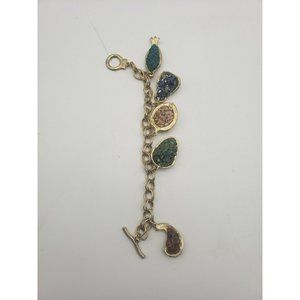 Large Chunky Gold Tone Charm Bracelet Fruit Charms W/Stone